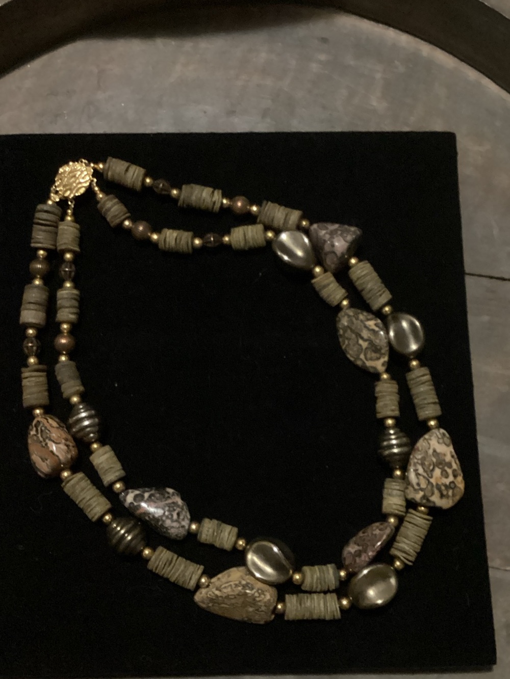 Olive Green and Brass Double-Strand Beaded Necklace